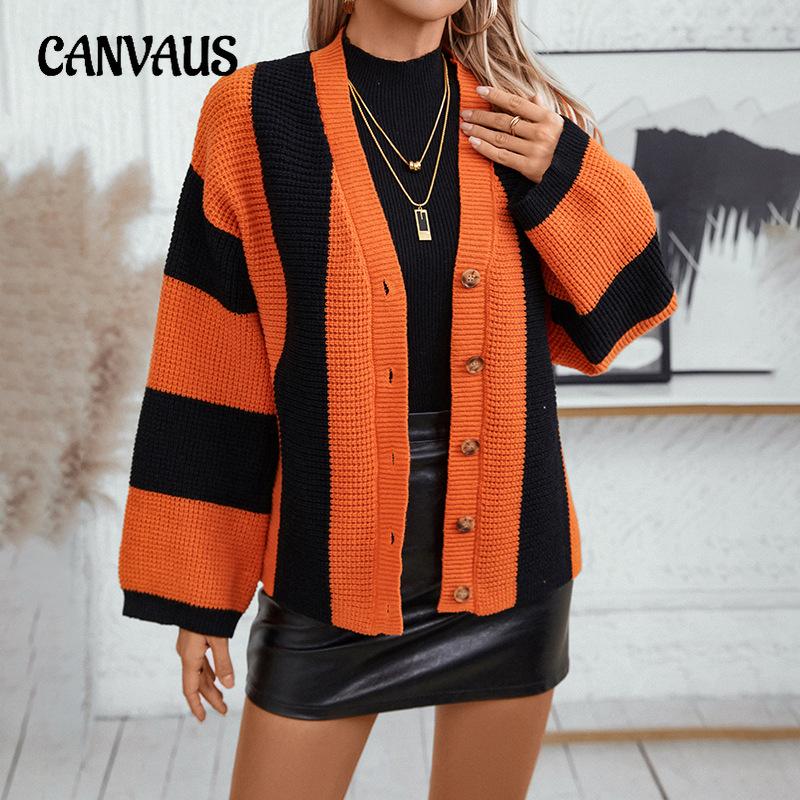 Plus Size Women's Fashion Knitwear Autumn and Winter Striped Clashing Colours Loose Flared Sleeve Sweater Knitted Cardigan