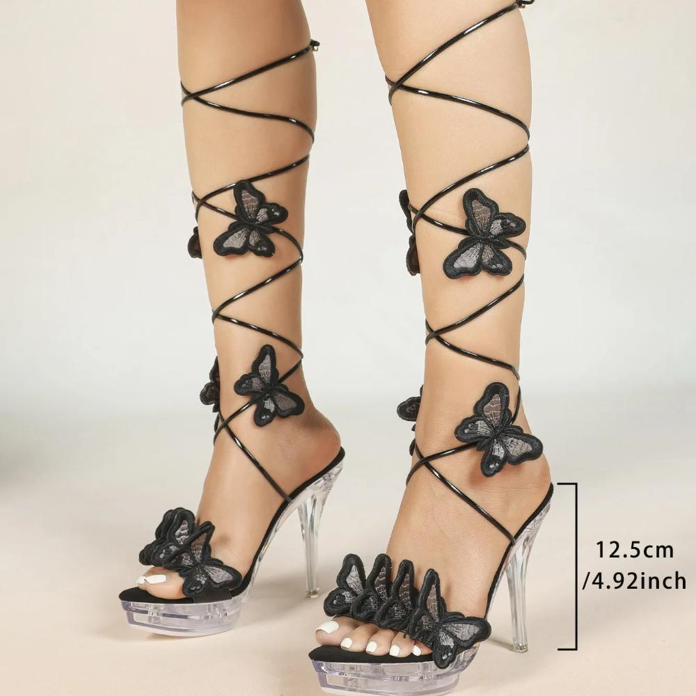 12.5cm Euro Butterfly Strap Platform Heels Crystal Chunky Nightclub Sandals LFD-19876-Q1