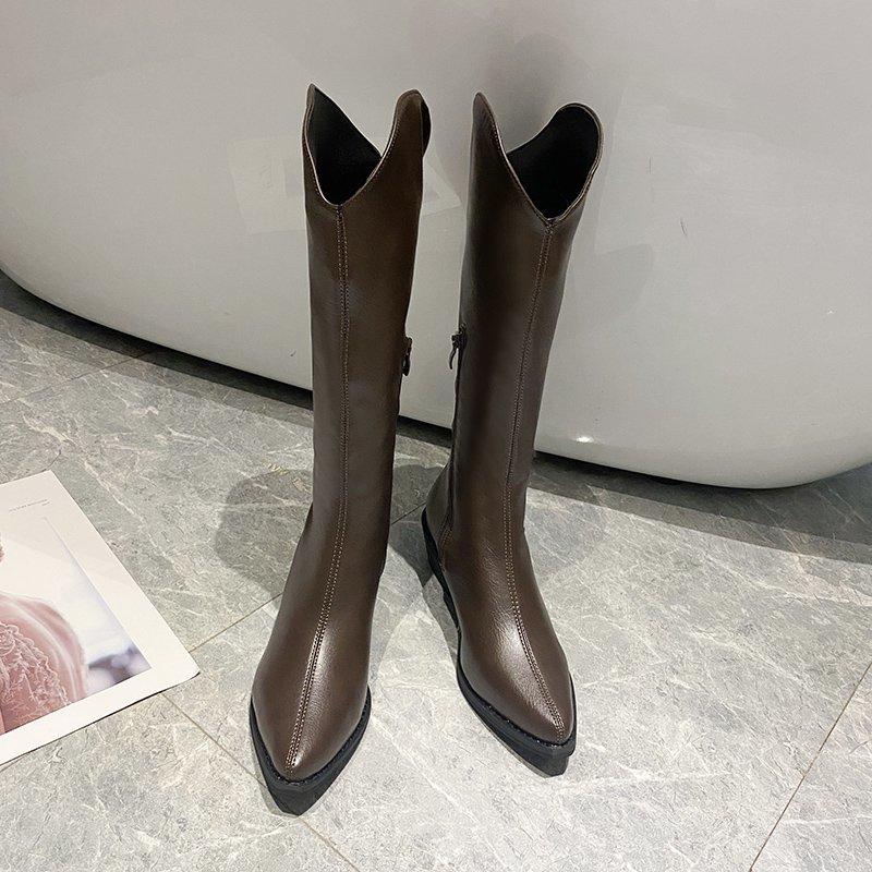 Модные Новые Женские Сапоги На Молнии Толстый Высокий Каблук Простые Толстые Высокие Каблуки Осенне-Зимние Сапоги До Колена Ботас