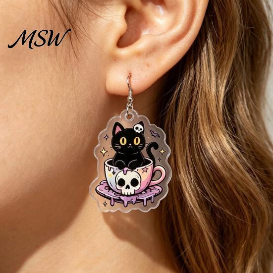 Halloween Costume Jewelry 1 Pair Earrings for Women, 2D Acrylic Teacup Black Cat Novelty Dark Theme Accessories Dangle Drop Earrings, Gothic