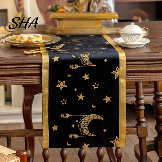 Party Table Decorations Eid Mubarak Runner, Ramadan Gold Moon Stars Tablecloth, Islamic Happy Modern Dressing Holiday Rectangular Cloth for