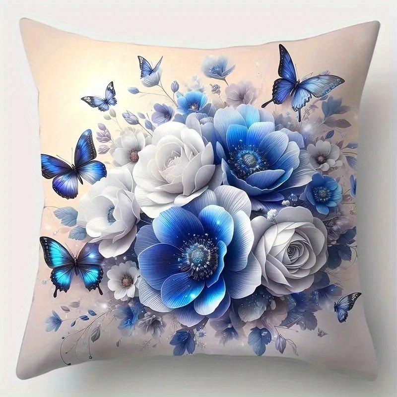 Deep Blue Floral & Butterfly Pillowcase: Luxe Watercolor-Themed Cushion Cover For Elegant Modern Home Sofa Decor