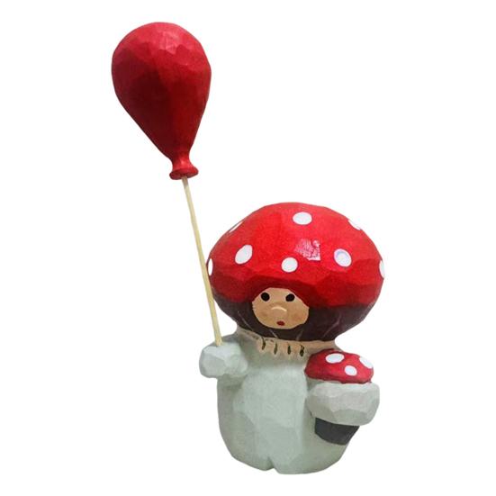 Wooden Mushroom Figurine Hand-Carved Mushroom Elf Holding A Balloon Rustic Tabletop Mushroom Decoration for Home Office Desk Shelf