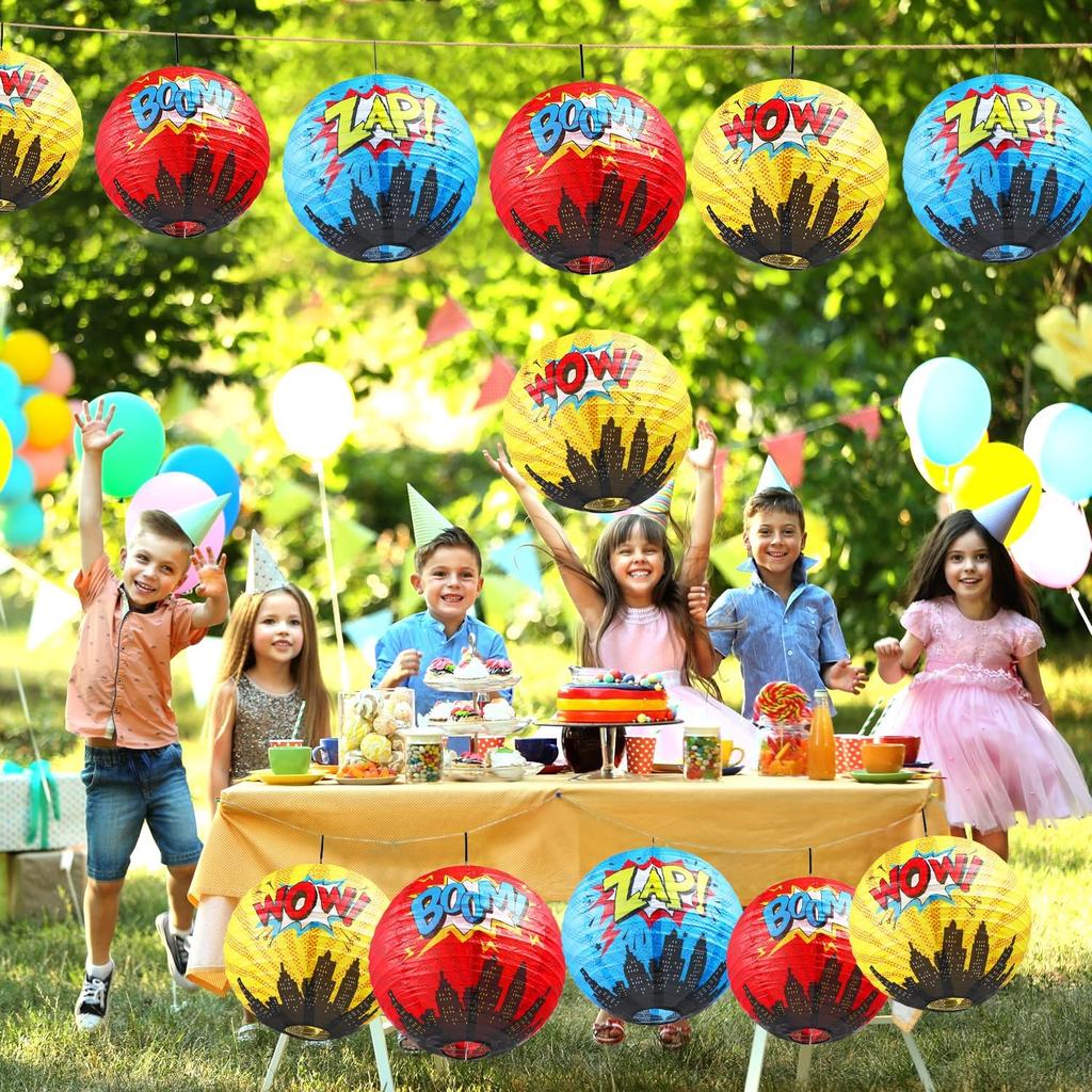 Blulu 6 Pcs Hero Themed Party Decorations Fun Hero Paper Lanterns Hanging Comic Wow Zap Boom Lanterns Birthday Party Favor for Kids Boys Adults Baby