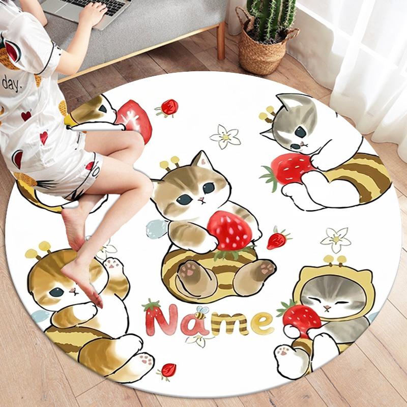 Bee Strawberry Cats Custom Name Round Area Rug Carpet Rug For Living Room Bedroom Sofa Playroom Decor Nonslip Floor Mat