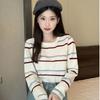 Striped Short-sleeved Knitted Top for Women, Fashionable Round-neck Loose and Concealing Knitted Top