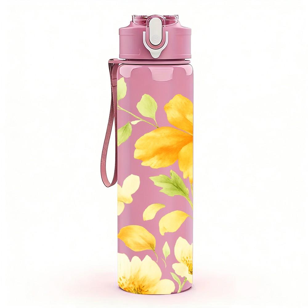 1PC Bright Yellow Daisy Floral Pattern Print 750ml Color Plastic Sports Water Bottle Leakproof Flip Straw Lid Suitable for Sports Office Home Use
