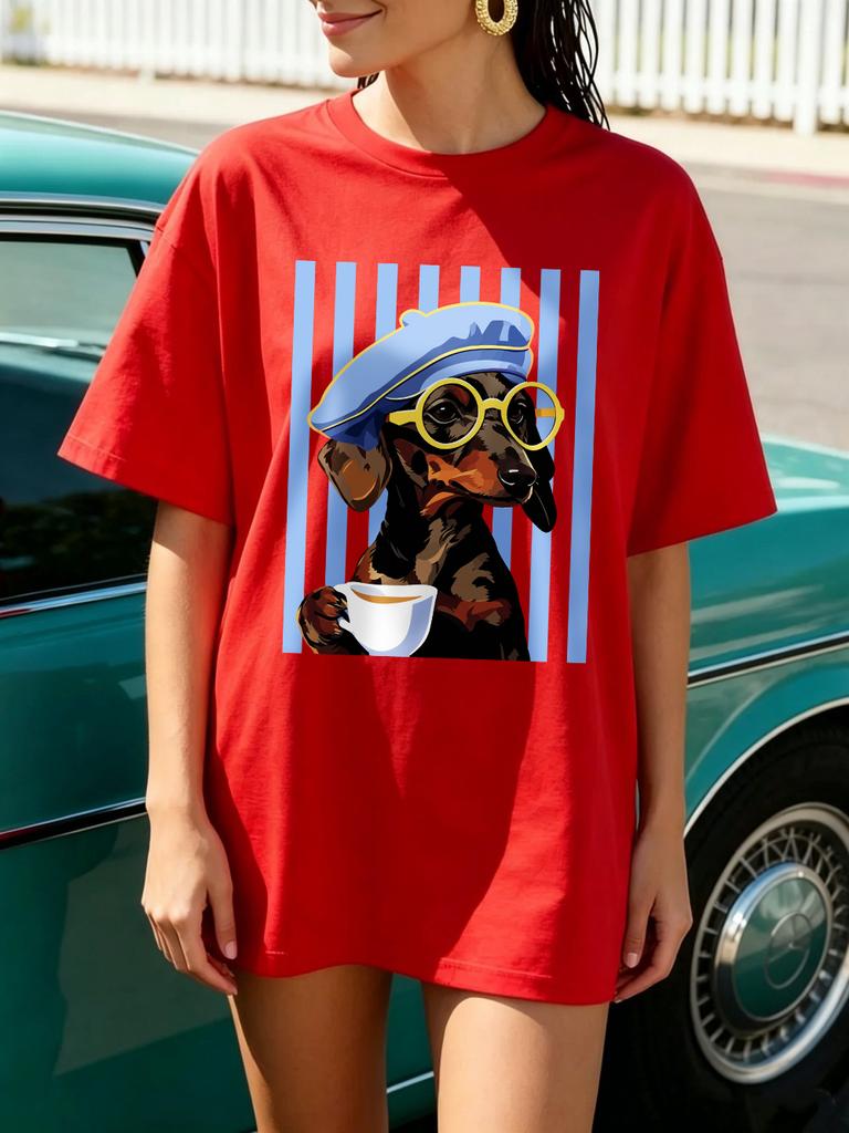 Dachshund Illustration Prints T-Shirts Cotton Womens Summer Oversized Tops Soft O-Neck Short Sleeve T Shirt Basic Woman Clothes