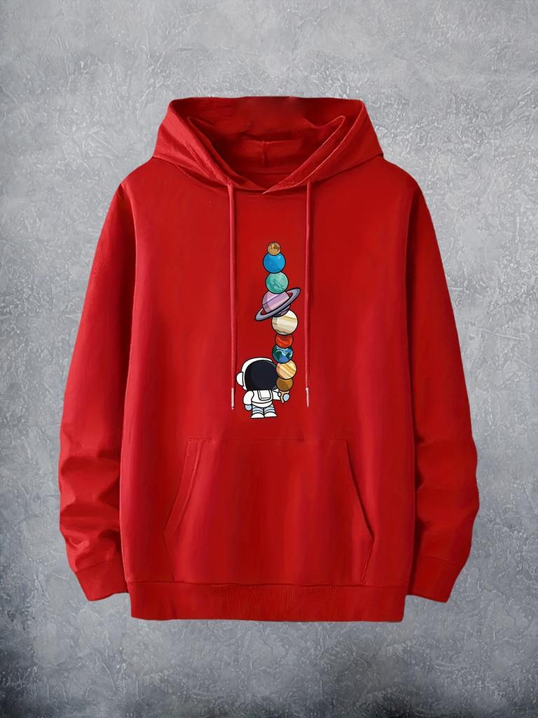 Men's Hoodie with Cartoon Astronaut and Planets Print - Beige, Hip-Hop Style, Machine Washable, Hoodie Astronaut
