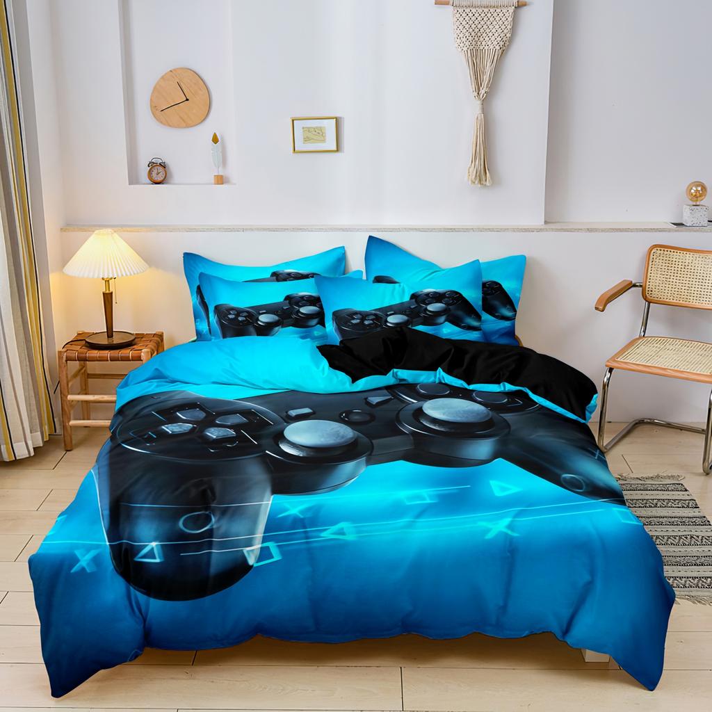 3pcs Video Game Controller Mouse Keyboard Headphone Pattern Duvet Cover Set - Modern Fashionable Cool Gamepad Print