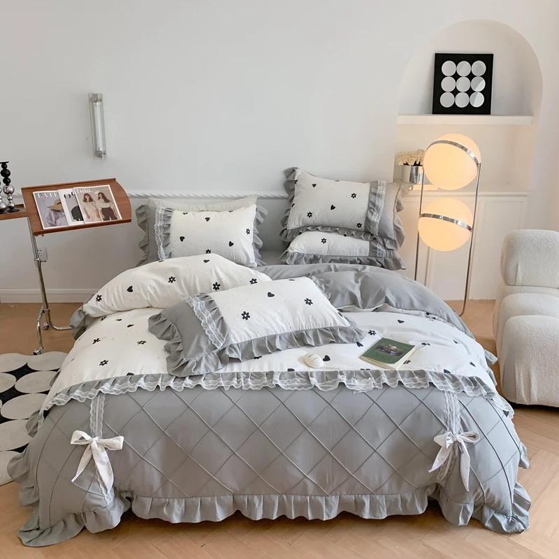 4Pcs Princess Bow Korean Duvet Cover With Ruffle Lace Luxury Bedding Set Bed Sheet For Girls Flower Bedspread Decor Home