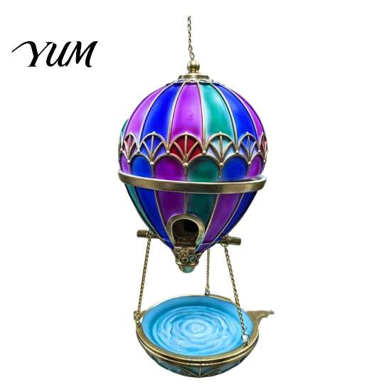 Hanging Water Bowl for Birds Stained Glass Hot Air Balloon Bird Feeder Fountain, with Fountain Easy Fill Tray, Vintage Bronze Outdoor Garden