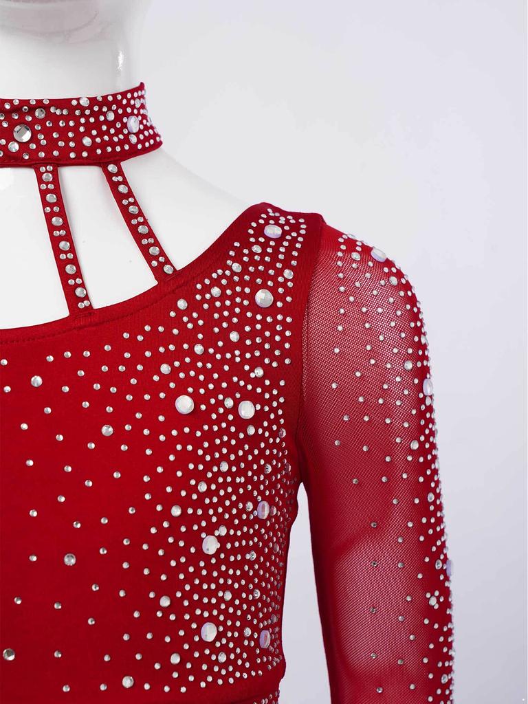 Костюм для современного танца для девочек, одно плечо, прозрачный сетчатый топ с длинными рукавами, стразами, нестандартная юбка