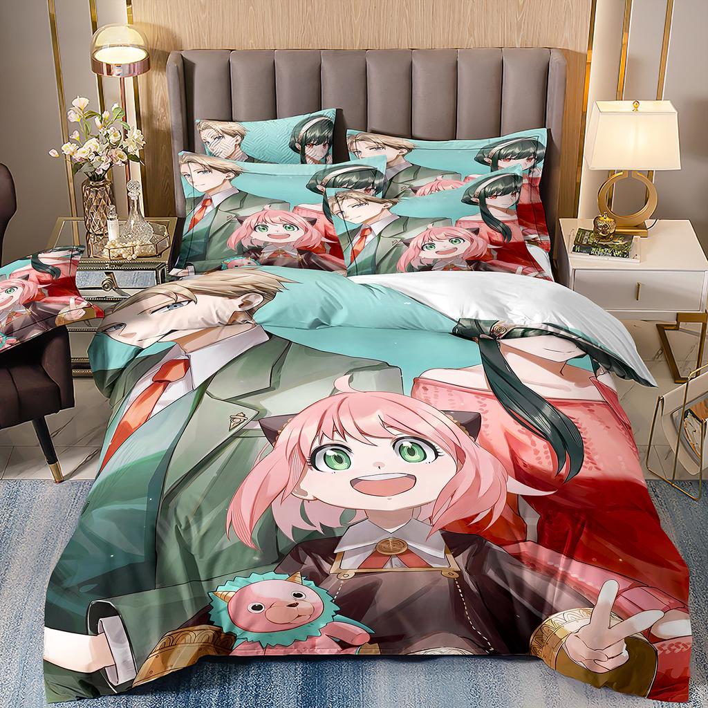 Cute Spy X Family Anime Duvet Cover Kawaii Soft Skin-Friendly Breathable Bedding Set with Zipper for Boys Girls Bedroom Decor