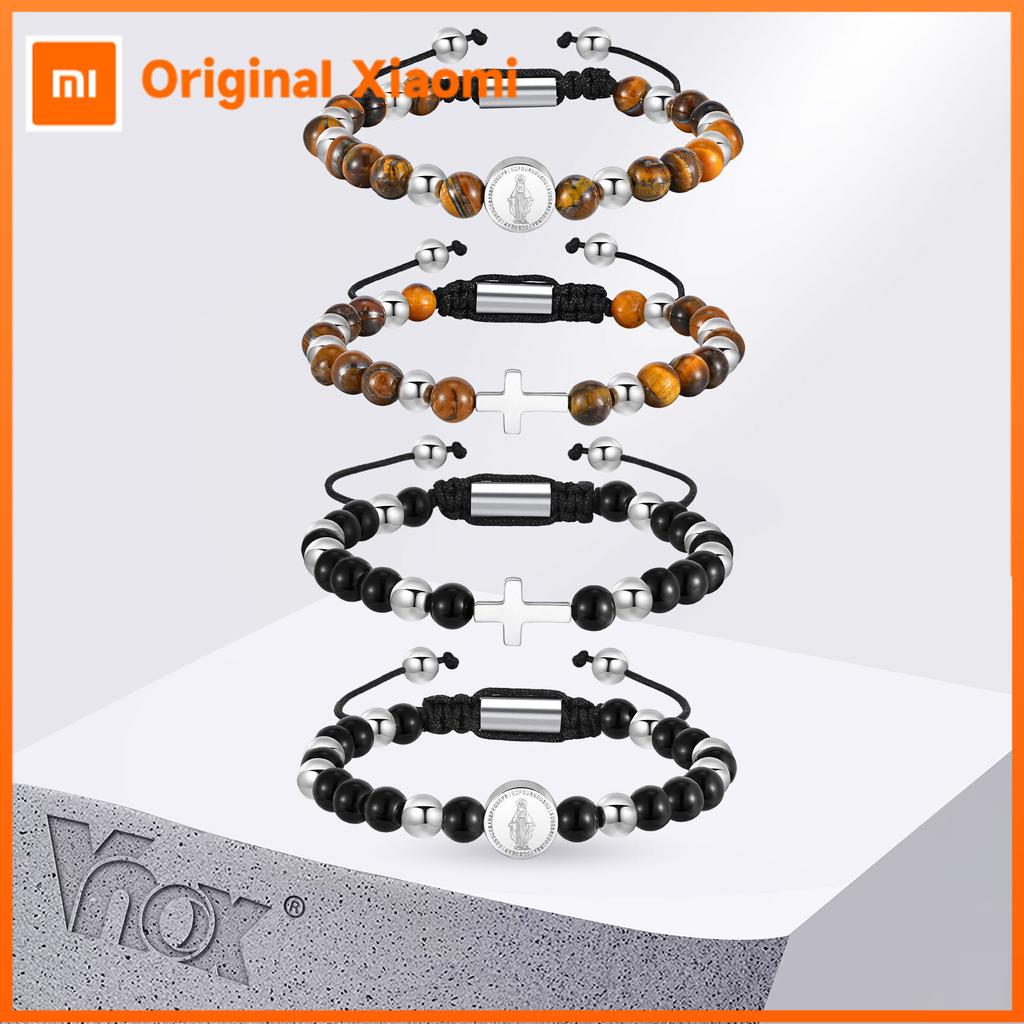 Xiaomi Vnox Браслет из нержавеющей стали с подвесками Крест и Дева Мария, бусина из тигрового глаза, регулируемый. Модное религиозное украшение для молитвы для мужчин и женщин