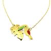 [P7843] - Designer Steel Necklace 'Jungle' Red Green Gold (toucan-monstera) - 25x15 Mm