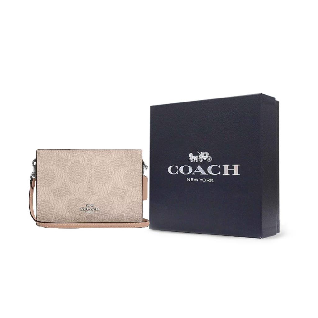 Coach Signature Canvas 20 Тонкая Сумка через плечо на цепочке с узором Color Block из Покрытого холста Маленькие Женские сумки Серебристый Бежевый Коричневый CAR12-SVPWH