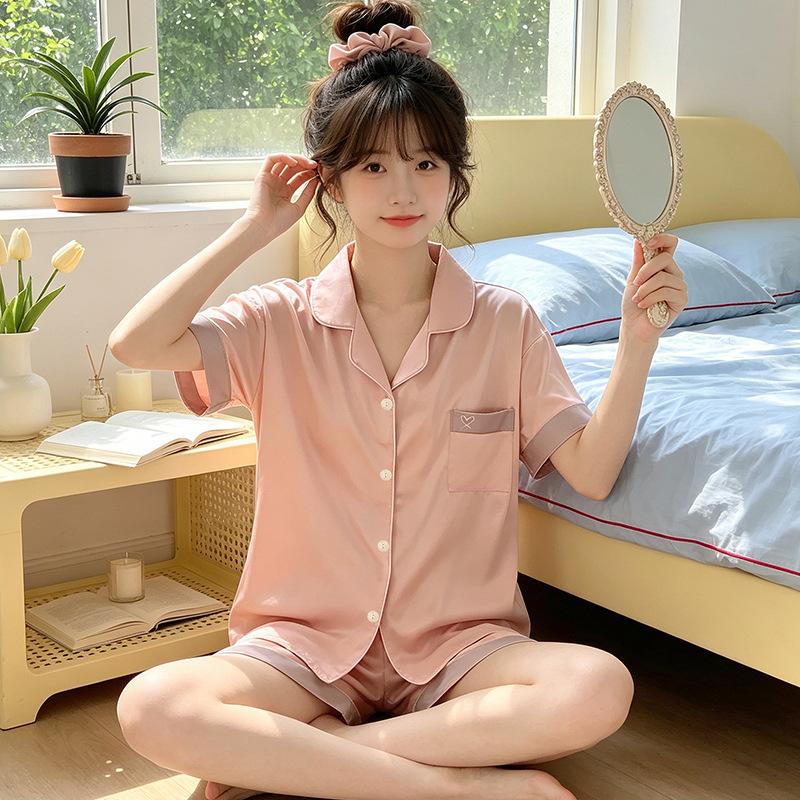 Summer ice silk short-sleeved pajamas women's stripes can be worn outside loungewear comfortable love casual suit real shot