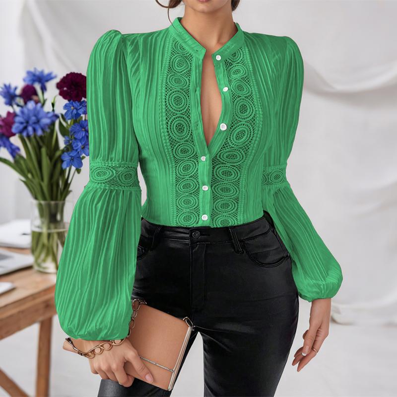 ZANZEA Women Casual Stand Collar Long Sleeve Lace Crochet Patchwork Blouse