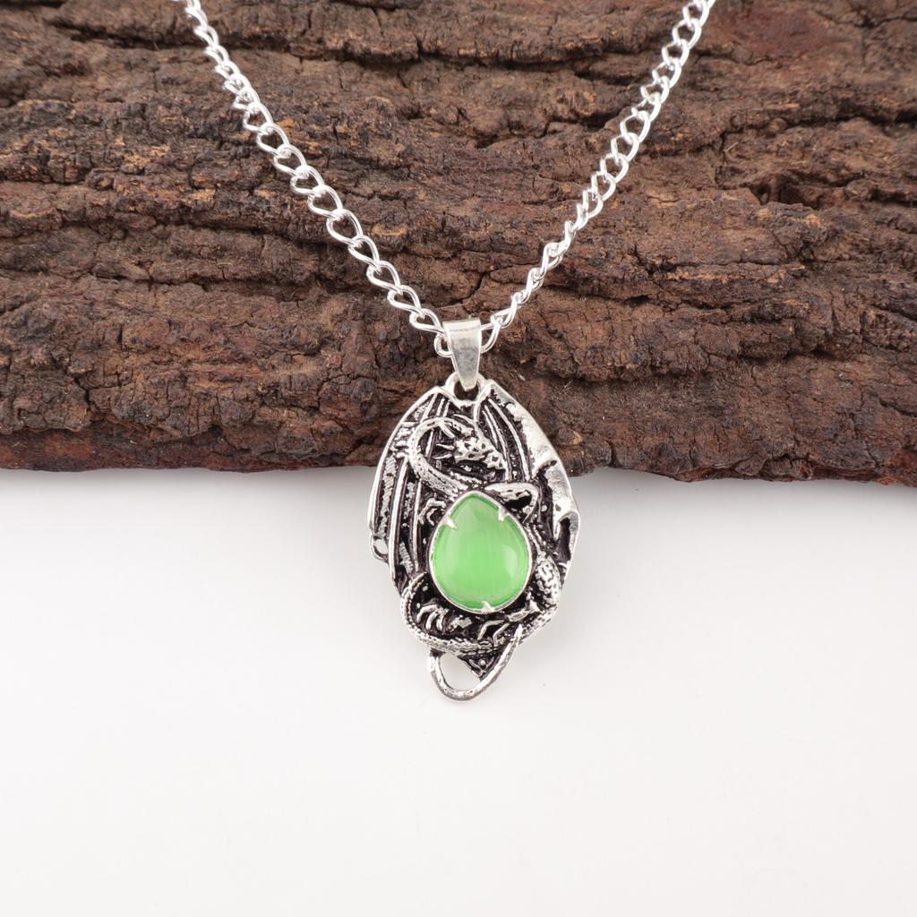 Natural Green Cat's Eye Gemstone 925 Stamped Silver Handmade Girls Pendant 1.55" CP-9-40