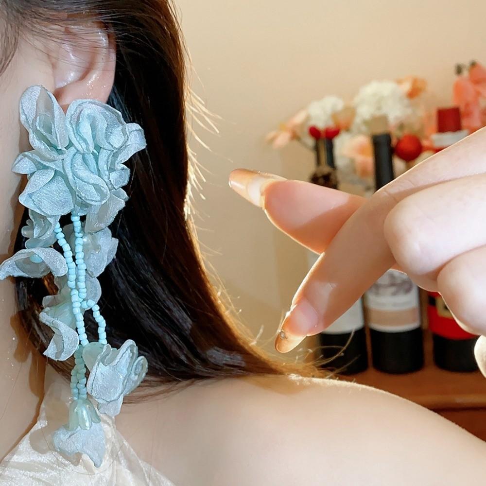 1 pair Bohemian Style Vacation Flower Eardrops with Beads Tassel Women Seaside Earrings Bride