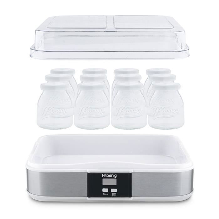 Yaourtière HKOENIG - ELY120 - Capacité 12 pots en verre de 160ml + 1 pot à fromage blanc (1,2L) - Programmable jusqu'à 15h - 15W