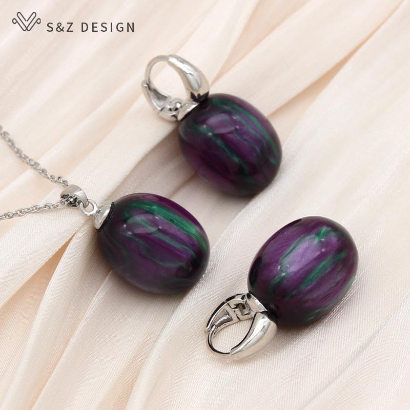 Stylish Egg Shape Oval Resin Colorful Beads Drop Earrings Jewelry Sets For Women Wedding Party Elegant Fashion Rose Gold Color Necklace