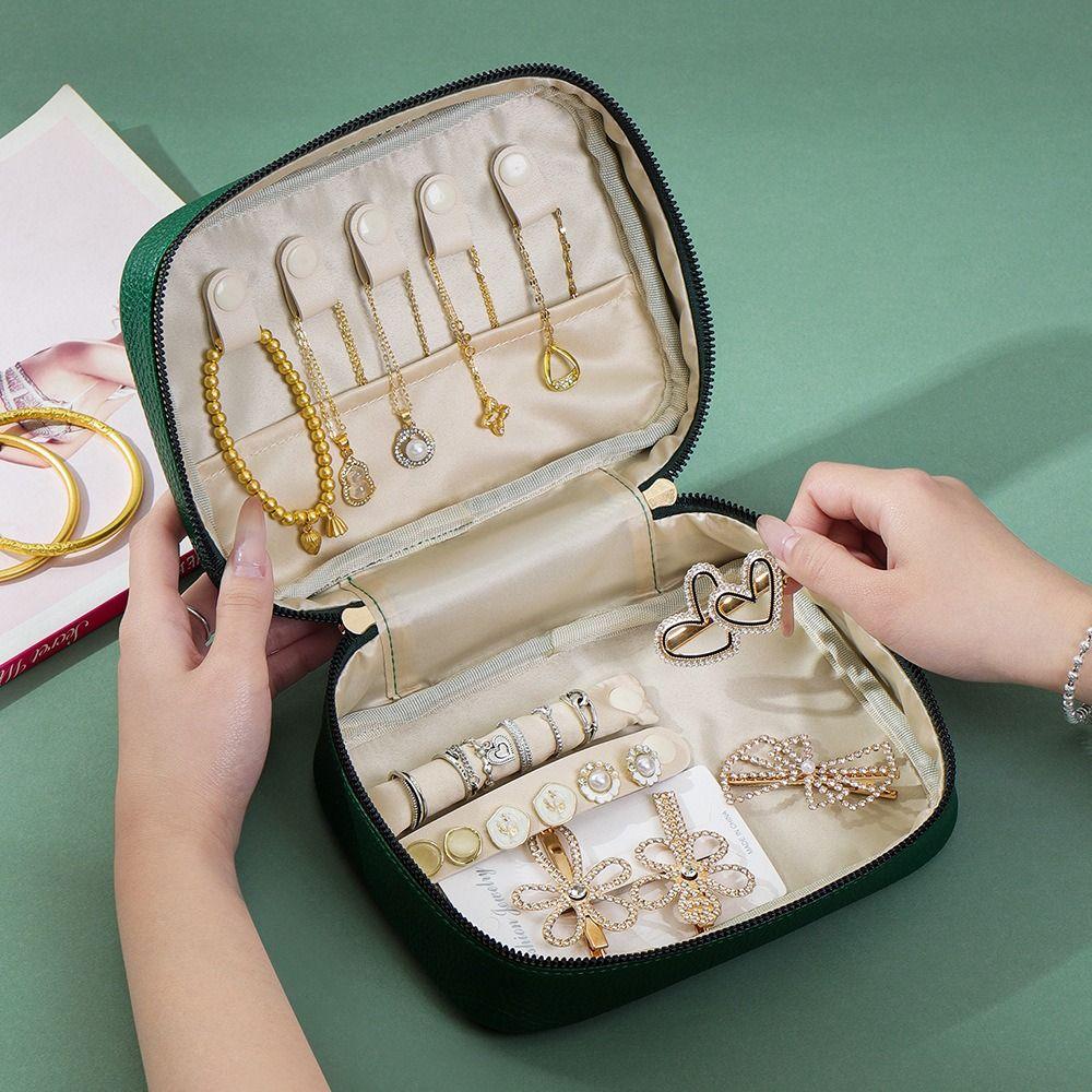 Portable Jewelry Box Zipper Closure Jewelry Organizer Case Necklace Ring Earrings