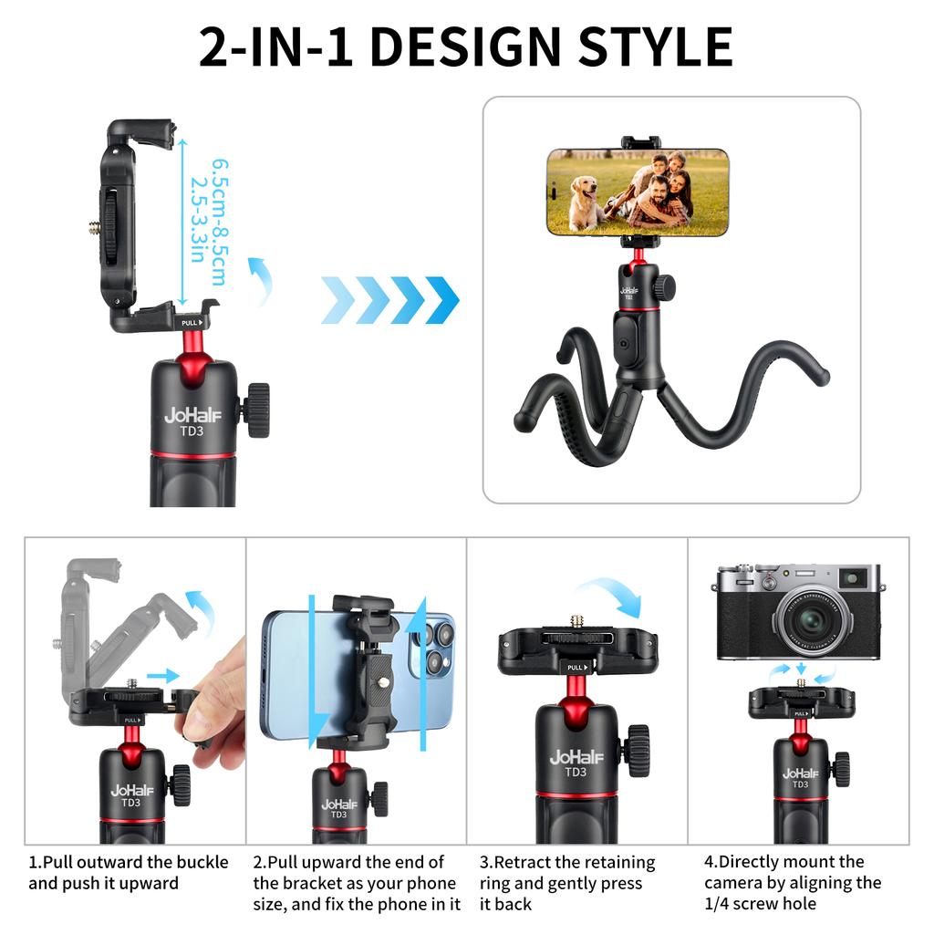 JoHalF Extendable Octopus Tripod Flexible Selfie Stick Tripod Stand with Phone Holder 1 4 Inch Screw Remote Shutter for