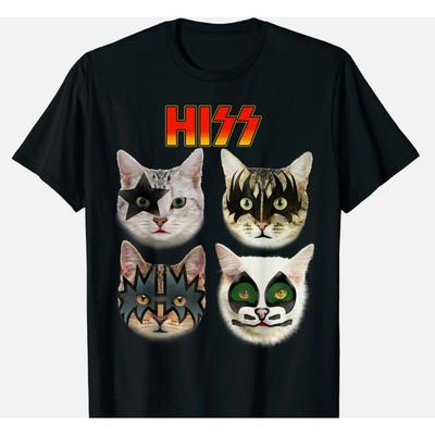 HISS KISS Band Cat Print T-Shirt Casual Cotton Tee Soft Tops for Rock Music Fans Cat Lovers Humorous Pet Lover Tshirt