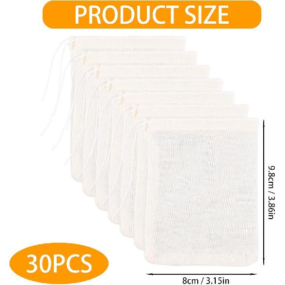 30 Pcs Spice Bags for Cooking, 3.86x3.15 Inch Reble Drawstring Muslin Soup Empty Tea Bags Straining Filter Cheesecloth Sachet for Spices Tea Loose