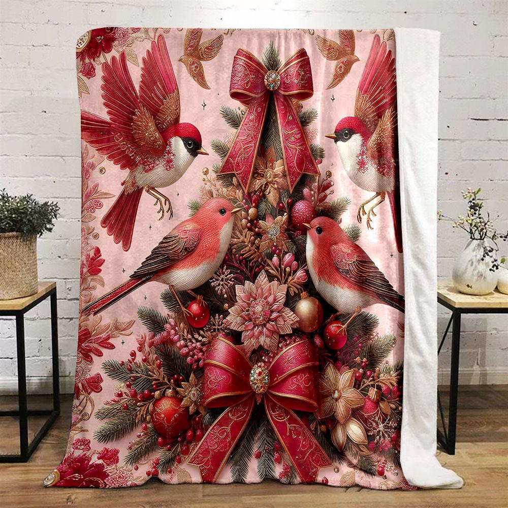 Pink Birds and Festive Bow Decor Patterned flannel blanket perfect for the bedroom living room, sofa, or a little nap