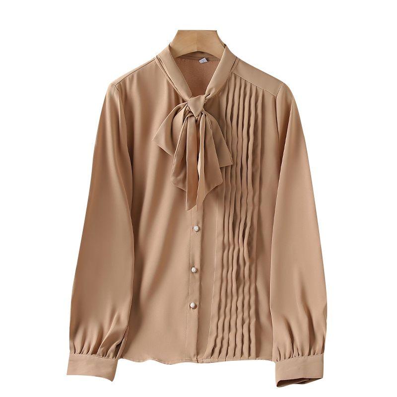 Office Lady Spring Summer Solid Color Blouse Elegant Folds Scarf Collar Bow Chic Pearl Single-breasted Korean Long Sleeve Shirt