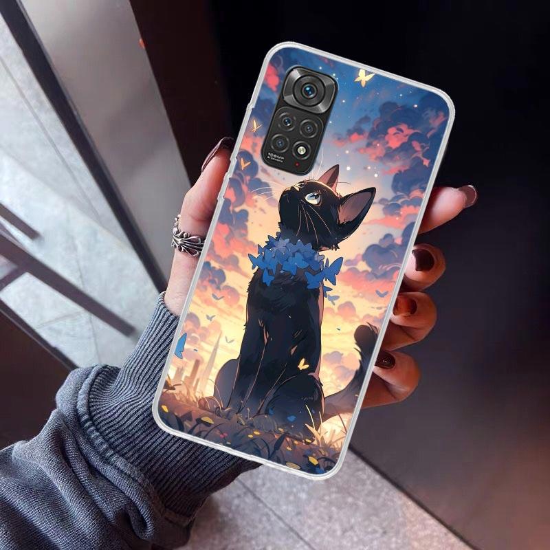 Милый черный кот Мяу Аниме Чехол для телефона Для Xiaomi Redmi Note 10 11 12 13 14 15 Pro Plus 11S 12S 14S 11T 11E 10S Мягкий ТПУ Задняя крышка