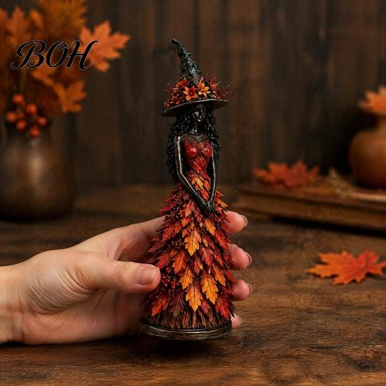 Жуткая статуэтка ведьмы, осенняя фигурка, настольное украшение на Хэллоуин, сезонная смола с готическими украшениями, платье-лист для камина
