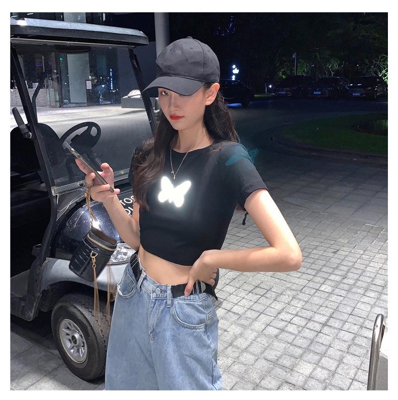 Women's Reflective Butterfly Crop Top - Summer 2024 Black Short-Sleeved Trendy T-Shirt