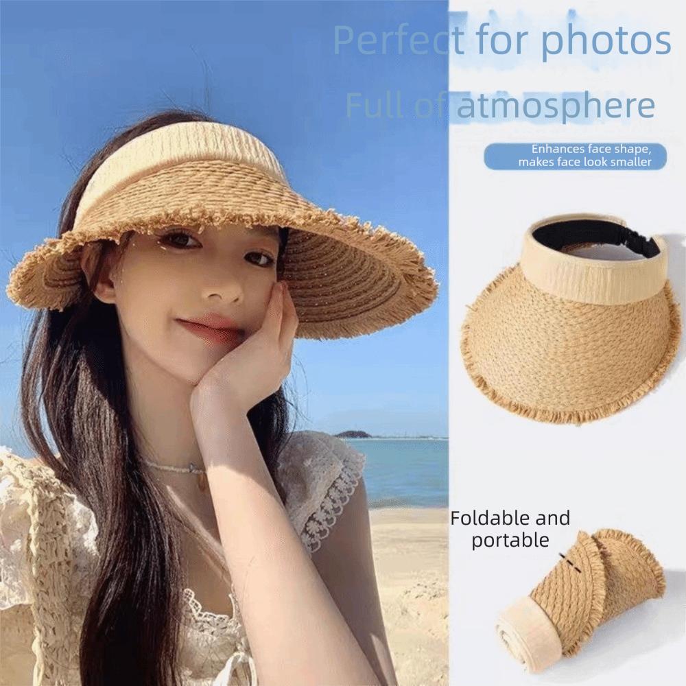 Fashion Woven Straw Visor Cap Sunscreen Hollow Empty Top Hat Big Head Circumference Breathable Summer Sun Cap Outdoor