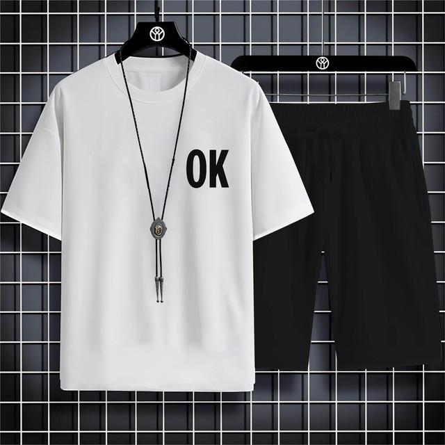 Four Seasons New Outdoor Sports Style 2d Letter Ok Printed Men'S O-Collar Comfortable Breathable Casual T-Shirt Set Quick Drying