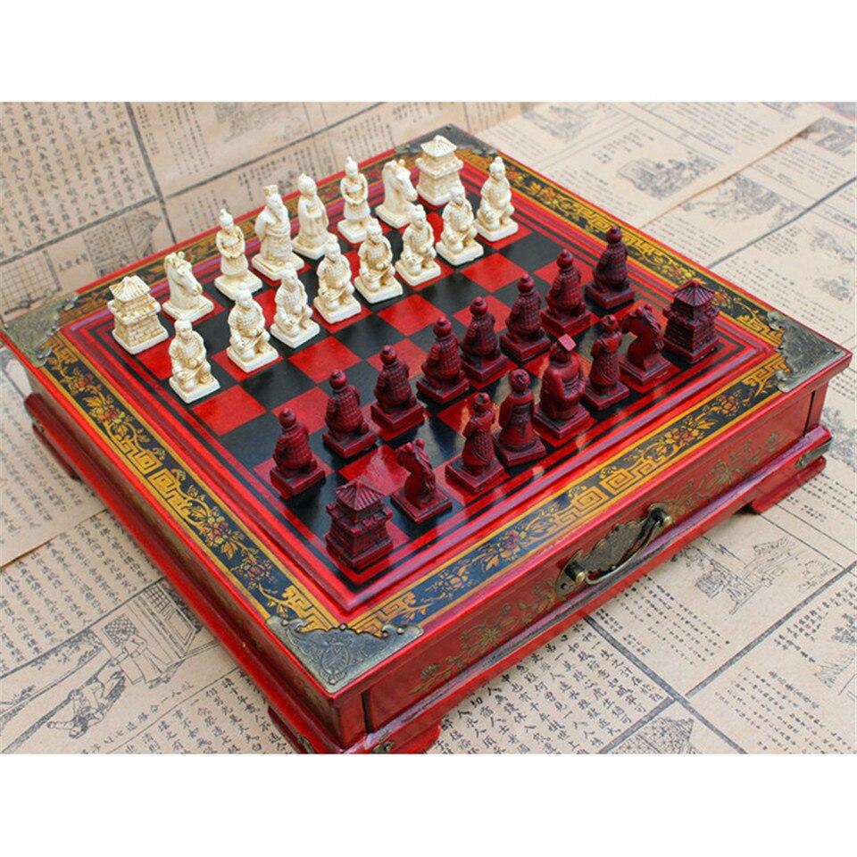 Top Grade Wood Chess Set Carving Resin Terra Cotta Warriors Pieces International Chess Wooden Desk Drawer Chessboard Board Games 