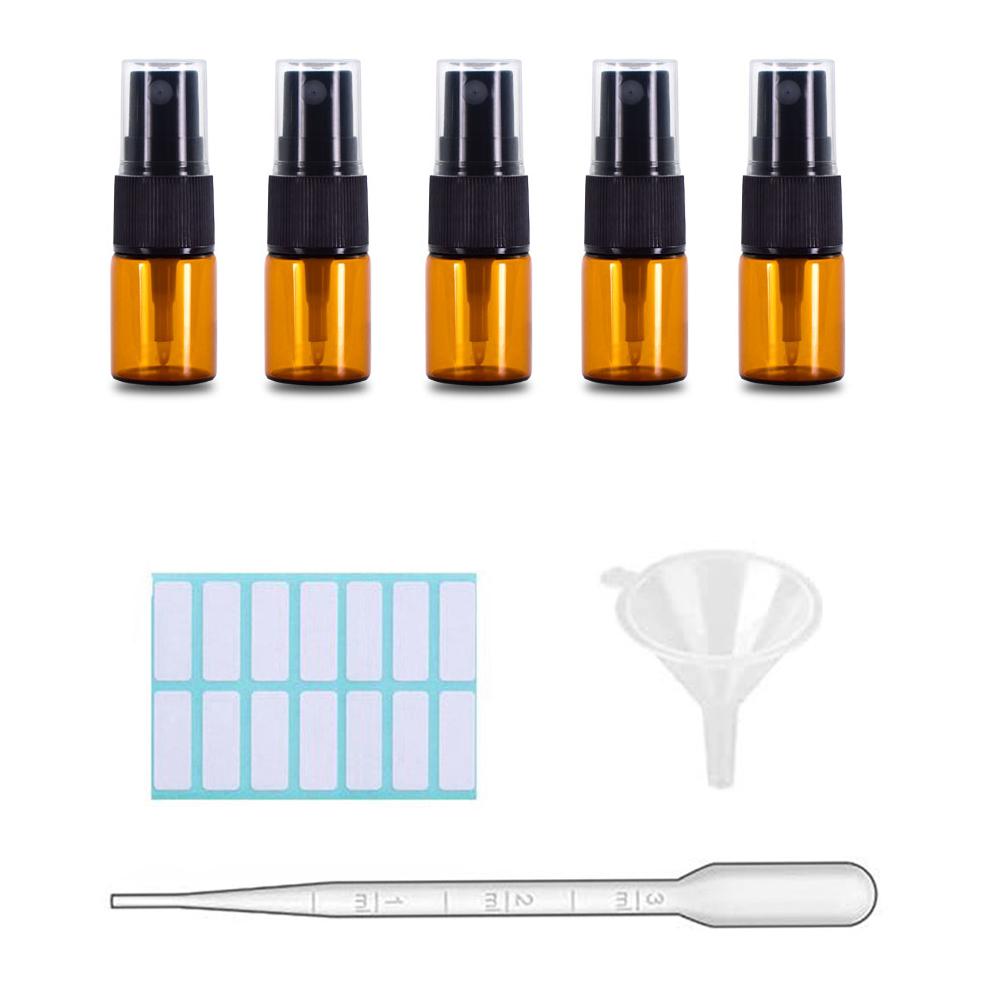 5/10 Pack Amber Glass Spray Bottles, Fine Mist Spray Bottles with Pipette Funnel Labels,Travel Dispenser Bottles for Essential Oils Cleaning Skin Care