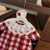 Girls Plaid Dress Cherry Embroidery Peter Pan Collar Princess Style Toddler Kids