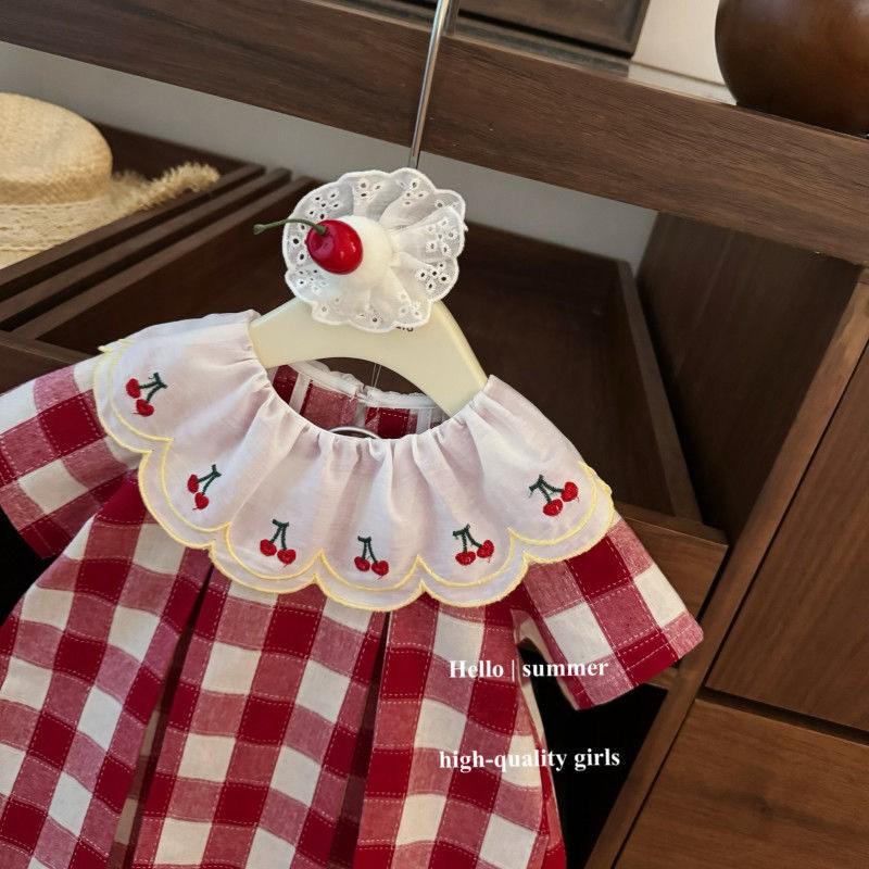 Girls Plaid Dress Cherry Embroidery Peter Pan Collar Princess Style Toddler Kids
