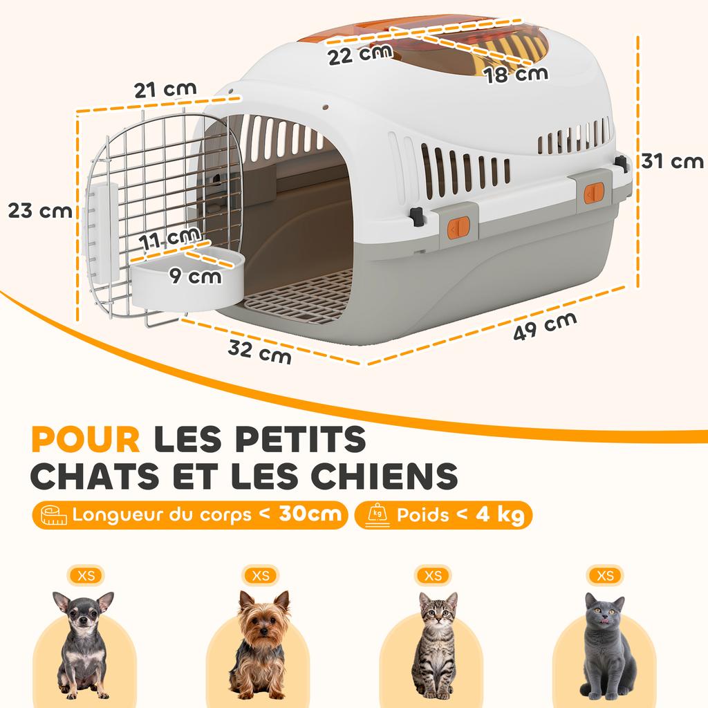Cat and Dog Carrier, Cage with Steel Door, Food Bowl, 49 x 32 x 31 cm, Grey and Cream