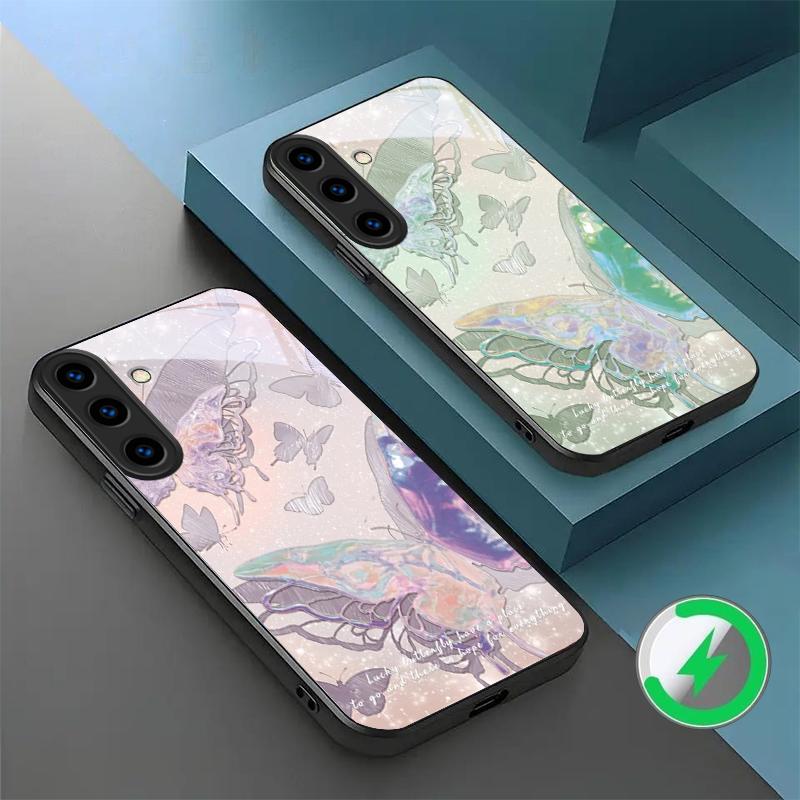Счастливая Бабочка Картина подходит для Samsung Galaxy S26 Ultra S20 FE S21 S22+ 23 Plus S24 Ultra 25 Edge черная Стеклянная Чехол для Телефона