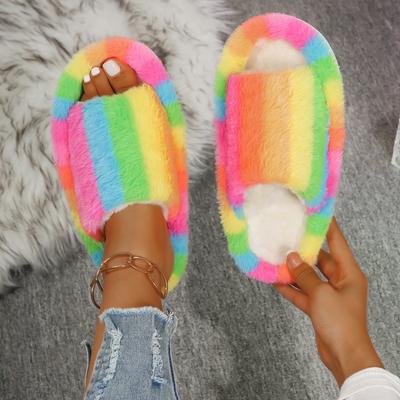 Модные теплые зимние плюшевые пушистые тапочки для женщин Новая мода Открытый носок Комфортные пушистые тапочки Домашние теплые мягкие меховые тапочки