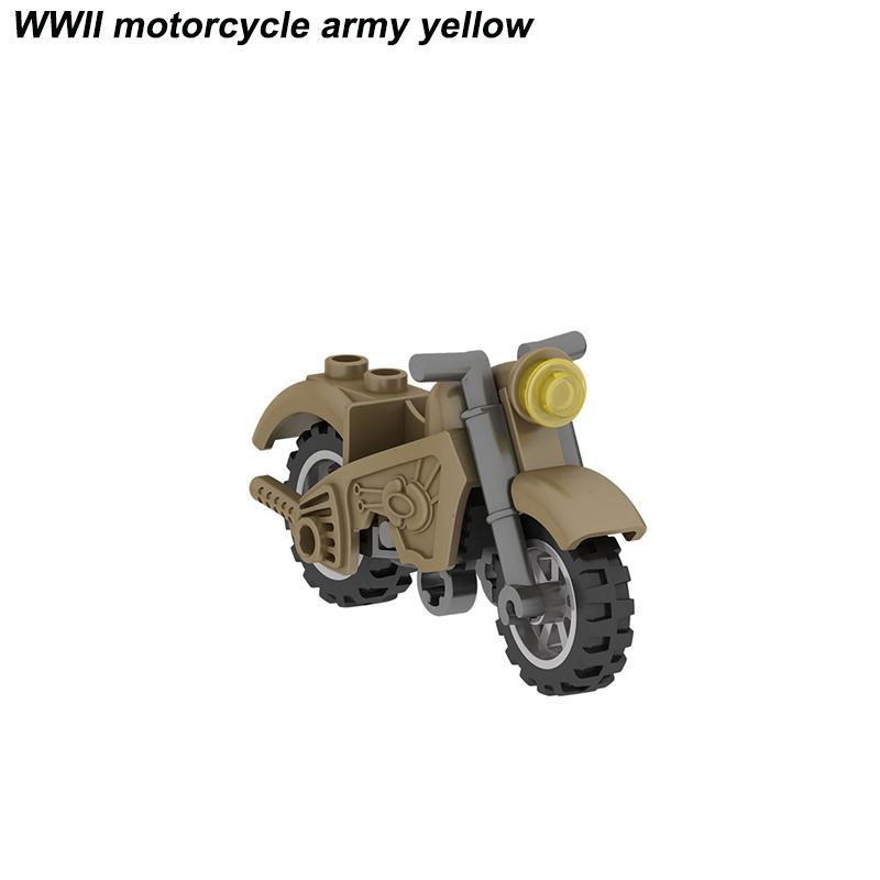 Военные WW2 Moto Three Rounds Мотоцикл Транспортное средство Инструмент Автомобиль Армия Фигурки Аксессуары Строительные блоки Игрушки Для детей Наборы MOC