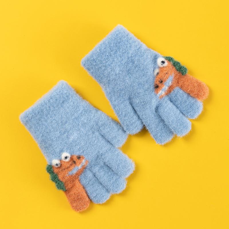 Children's wool gloves Primary school students autumn and winter outdoor riding cute cartoon dinosaur knitted warm finger gloves
