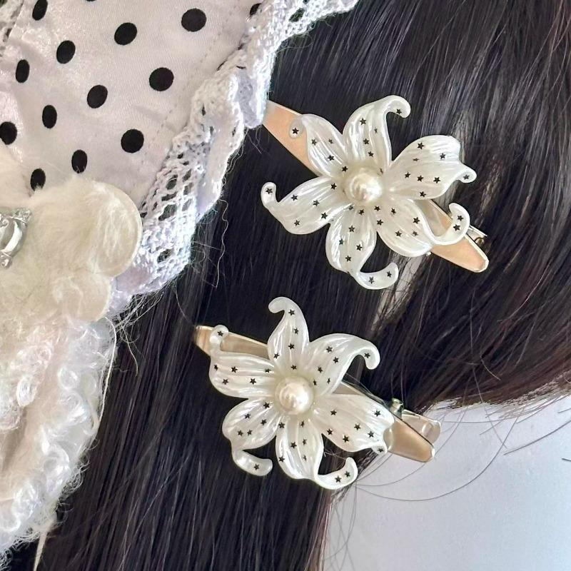 2pcs Elegant Lily Hair Clips Sets Harajuku Vintage Star Pattern Pearl Floral Hairpin Hair Accessories Girls Faionable Hairclips