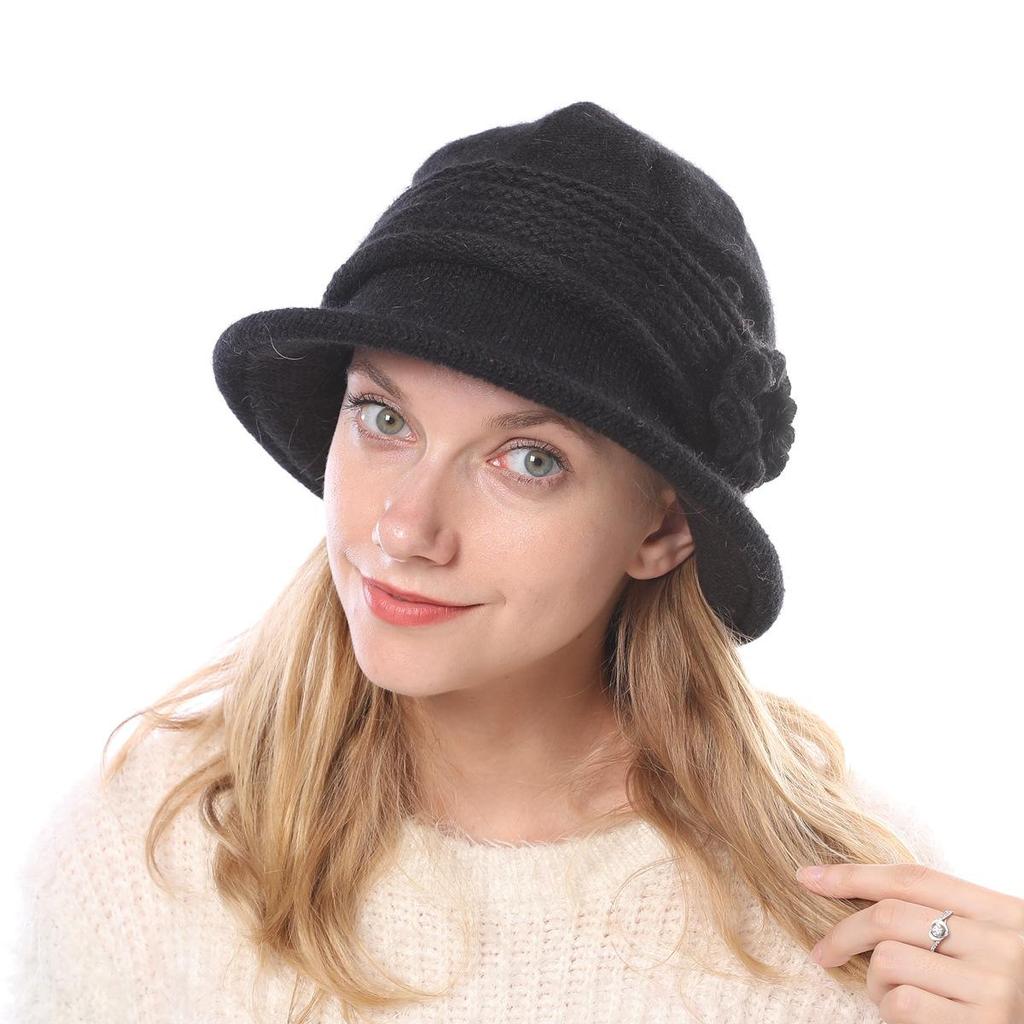 Women's Knitted Women's Rabbit Proof Wool Pot Hat Autumn Winter Thickened Warm Keeping Mother's Hat Flower