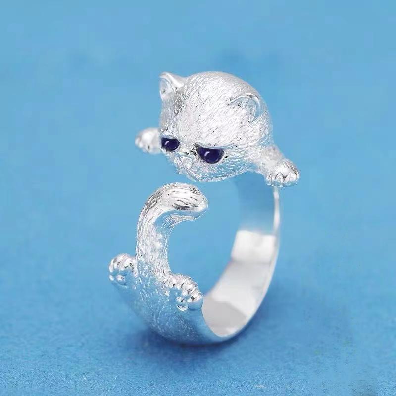 ANENJERY Кольцо с котом для женщин, милое кольцо с котом в японском стиле, простота, модные ювелирные изделия, подарки, кольца с синими стразами и глазами